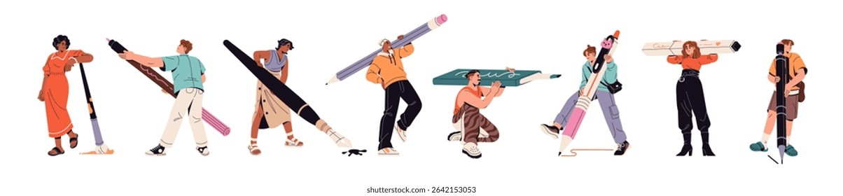 Set of tiny people hold big stationery. Happy men and women are writing, take notes with pen, drawing with pencil, painting with paintbrush, brush, marker. Flat isolated vector illustrations on white