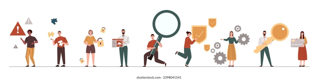 Set of tiny people. Men and women with magnifying glass, alerts and coghweels. Bank card and puzzles. Employees and freelancers. Cartoon flat vector collection isolated on white background