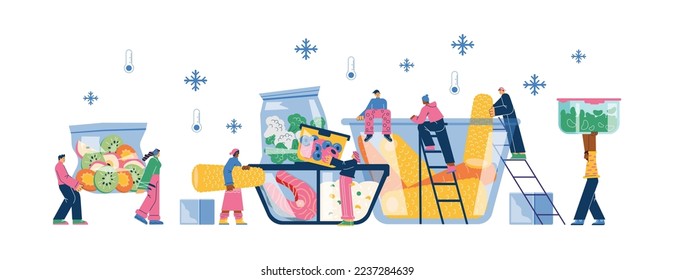 Set of tiny people stacked huge food in container for freezing flat style, vector illustration isolated on white background. Fresh organic products, lifestyle, storage
