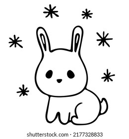 Set with tiny sad bunny and snowflakes isolated on white. Simple vector illustration. Cute rabbit. Winter, New Year theme. Symbol of the 2023, 2035 years. For poster, postcard, collage, baby projects