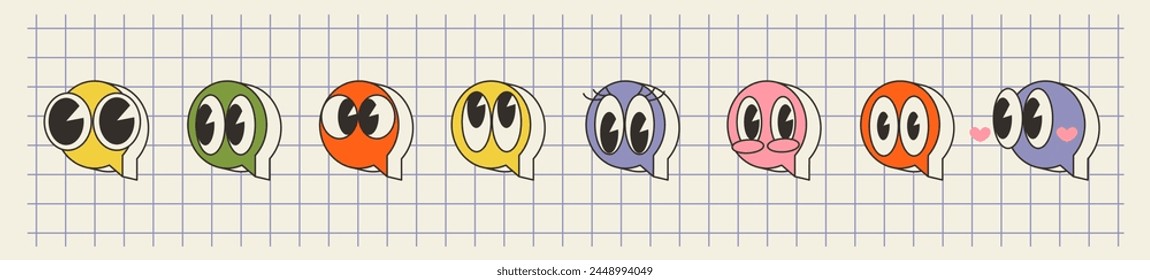 Conjunto de texto de burbuja de charla pequeña, cuadro de chat de emoji, en estilo retro y2k con ojos de dibujos animados lindos en el fondo blanco