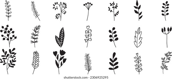 Set of tiny wild flowers and plants line art vector botanical illustrations. Trendy greenery hand drawn black ink sketches collection. Modern design for logo, tattoo, wall art, branding and packaging.