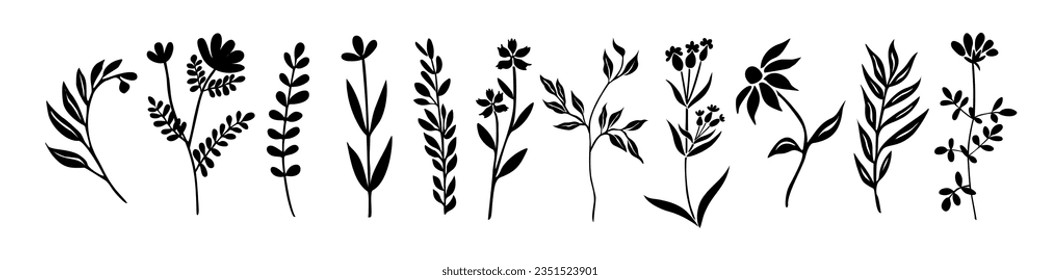 Set of tiny wild flowers and plants silhouettes. Trendy greenery hand drawn black sketch collection for logo, tattoo, wall art, packaging. Vector botanical illustrations isolated on white background svg