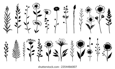 Set of tiny wild flowers and plants line art vector EPS file svg
