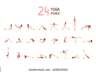  Set of tiny women performing yoga poses. Women practicing asanas and pelvic floor exercises. Flat cartoon vector illustration isolated on white background. 