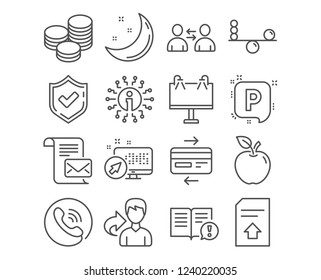 Set of Tips, Communication and Road banner icons. Facts, Balance and Parking signs. Credit card, Upload file and Mail letter symbols. Cash coins, Users talking, Advertisement. Vector