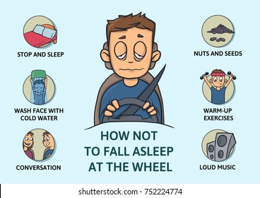 Set of tips to stay awake while driving. Sleep deprivation. How not to fall asleep at the wheel. Isolated vector illustration on blue background. Cartoon style. Infogrphics.