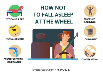 Set of tips to stay awake while driving. Sleep deprivation. How not to fall asleep at the wheel. Isolated vector illustration on white background. Flat style infogrphics.