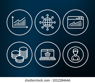 Set of Tips, Website statistics and Graph icons. International globe, Online shopping and Person signs. Cash coins, Data analysis, Presentation diagram. Vector
