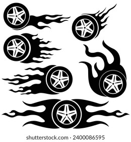 Set of tire and fire flames vector illustration. Burning tire on white background