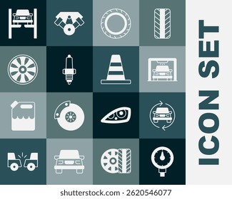 Ajuste Medidor de pressão do pneu, Serviço de carro, lavagem, roda de pneu, vela de ignição, Liga para carro, Reparo em elevador e ícone de cone de tráfego. Vetor