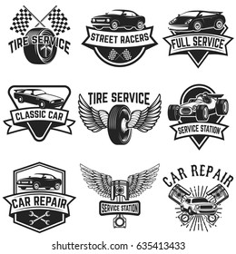 Set of tire service, car repair labels. Pistons, car wheels, repair tools. Design elements for logo, emblem, sign. Vector illustration