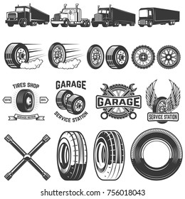 Set of tire service design elements. Truck illustrations, wheels. Design elements for logo, label, emblem, sign. Vector illustration