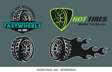 Set of tire shop logo design. Mobile tire repair badges. Logo for tyre storage company.