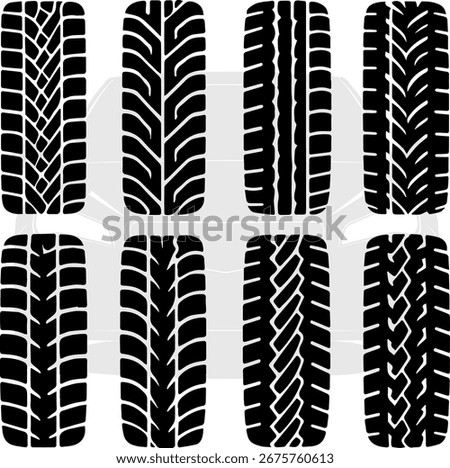 Set of tire tracks silhouettes, collection of black rubber treads for cars, vehicle wheel print icons.eps