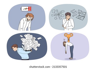 Set of tired businesspeople struggle with fatigue overwhelmed with job. Collection of exhausted employees or workers suffer from work stress or burnout. Overwork concept. Vector illustration. 