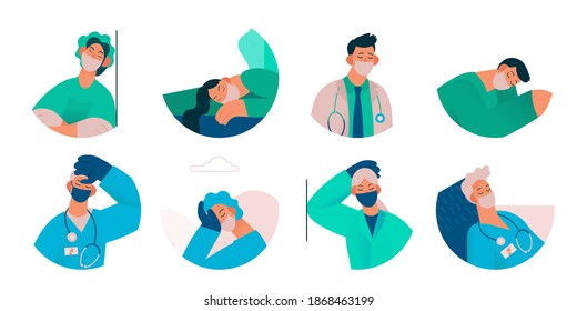 Set Of Tired Doctors And Nurses Avatars An Portraits. Exhausted Healthcare Worker. Coronavirus Pandemic, Covid-19 Quarantine. Flat Cartoon Vector Illustration.