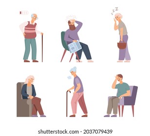 Set of tired elderly persons with various health disorders. Sad sick seniors feeling weak and fatigue. Flat cartoon vector illustrations isolated on white.