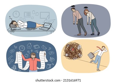 Set of tired employees suffer from nervous breakdown have work stress. Collection of exhausted businesspeople struggle with fatigue and workload. Overwork. Vector illustration. 
