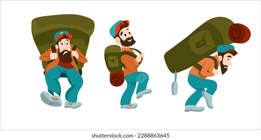 Set Tired Male tourist with a large backpack. Cheerful tourist with small backpacks. humor card