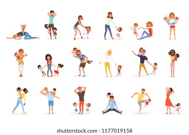 Set of tired parents with children. Exhausted moms and dads, playful boys and girls. Crazy day. Kids want to play. Reality of parenthood. Family concept. Flat vector