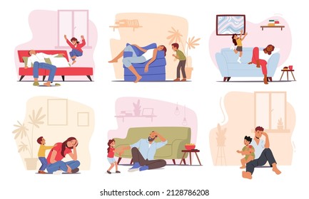 Set Of Tired Parents With Hyperactive Children At Home, Fatigue Dad And Mom Characters Sleep While Kids Playing. Tiredness Due To Baby Activity During Weekend. Cartoon People Vector Illustration