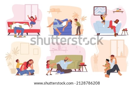Set of Tired Parents with Hyperactive Children at Home, Fatigue Dad and Mom Characters Sleep while Kids Playing. Tiredness due to Baby Activity during Weekend. Cartoon People Vector Illustration