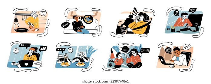 Set of tired people. Overloaded office staff, sleeping students, bored children at table and moms with postnatal depression. Sad characters. Cartoon flat vector collection isolated on white background