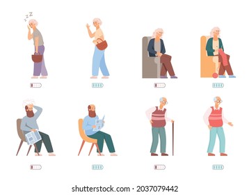 A set tired sick and energetic healthy elderly characters. Aged people feeling exhausted, tiredness and rested cheerful. Flat cartoon vector illustrations isolated on white.