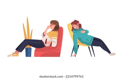 Set of tired sleepy people. Exhausted women sitting in armchairs cartoon vector illustration