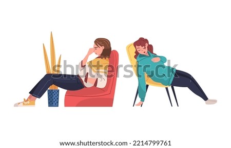 Set of tired sleepy people. Exhausted women sitting in armchairs cartoon vector illustration