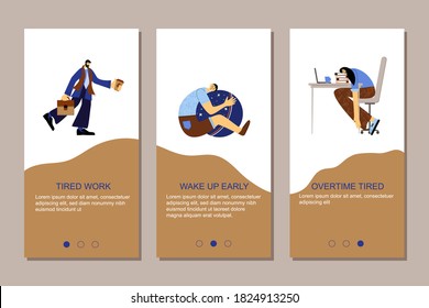 Set with tired and sleepy people. A man, a woman, and a boy sleeping in different positions at home and at work. Mobile App Page Tired Work, Wake Up Early, Overtime Tired.