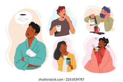 Set of Tired Sleepy People Needing Coffee. Drowsy Male Female Characters In Need Of A Caffeine Fix or Energy Drinks. Struggle To Be Awake And Alert for Work Productivity. Cartoon Vector Illustration