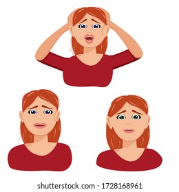 Set of tired woman, sleepy mood, weak health, mental exhausted, vector flat illustration. Set woman is experiencing fear, horror, depression, sadness, stress. Flat vector character illustration.