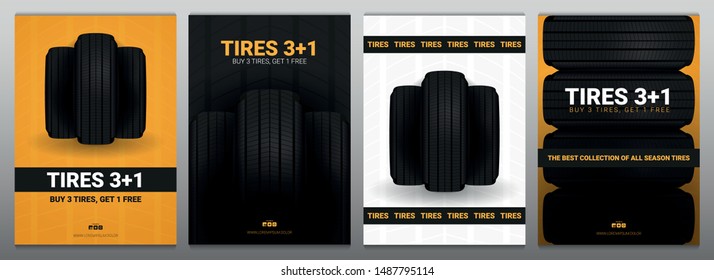 Set of Tires car advertisement posters. Black rubber tire on the background with wheel tire tracks