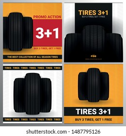 Set of Tires car advertisement posters. Black rubber tire on the background with wheel tire tracks