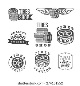 Set of tires shops and service emblems, vector design elements