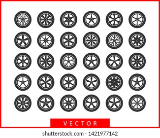 Set tires and wheels. Disc wheel car icon vector.