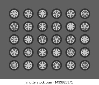 Set tires and wheels. Disc wheel car icon vector.
