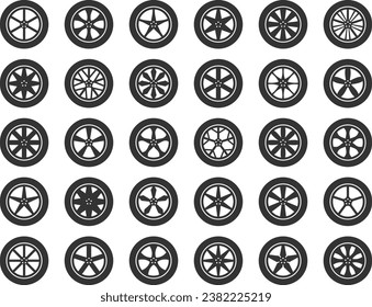 Set tires and wheels. Disc wheel car icon vector.