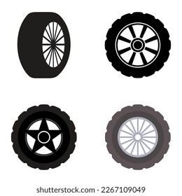 Set of tires and wheels in flat style vector illustration.