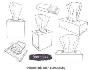 A set  of tissue boxes . Facial tissues, wet wipes and paper handkerchiefs. Hand-drawn vector linear illustration. Isolated objects on white background.
