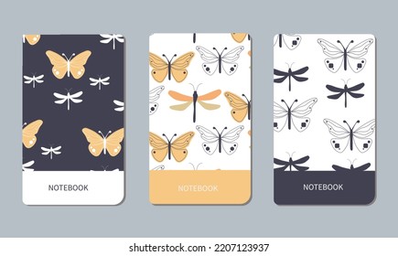 A set of title pages, covers for notebooks. Abstract drawing of butterfly and dragonfly