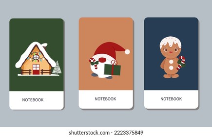 Conjunto de páginas de título, portadas para libretas. Casa de Navidad y Año Nuevo, hombre de pan de jengibre y gnome.