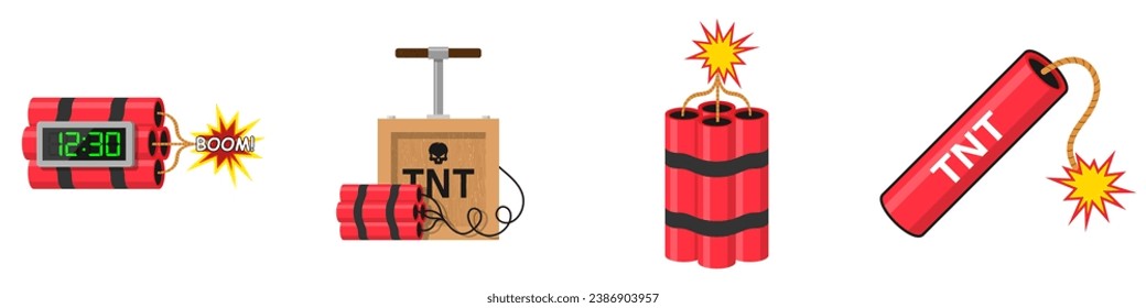 Set Tnt dynamite. Cartoon bomb with burning wick and explosive detonator, red stick mining blast charge, destroy firecracker fuse burning cable vector illustration