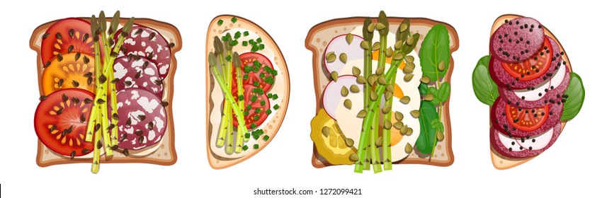 Set Toast asparagus Salami Sausage Ham Traditional Food Snack Breakfast Isolated On White Background. Sandwiches collection for lunch, cafe menu and fast food restaurant. Vector illustration