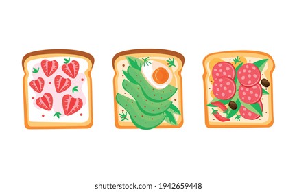 Set of Toast Bread with Different Healthy Toppings, Sandwich with Egg, Avocado, Sausage, Top View Flat Vector Illustration