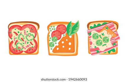 Set of Toast Bread with Different Healthy Toppings, Sandwiches with Tomato, Cheese, Bacon and Cucumber Top View Flat Vector Illustration