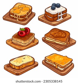 Set of toast breads on wooden board illustration