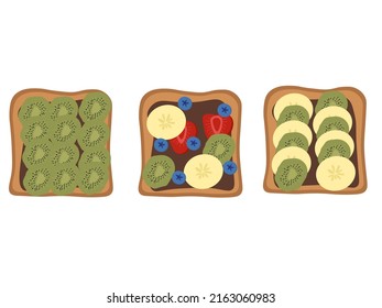 set Toast with chocolate, banana, blueberry, strawberry and kiwi. Healthy snack breakfast with berries and fruits. Vector flat illustration